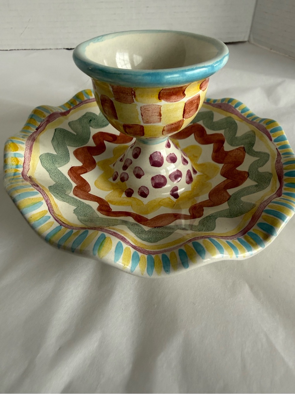Rare VTG MacKenzie-Childs "Aurora" Hand-Painted Pottery Egg Cup with Saucer